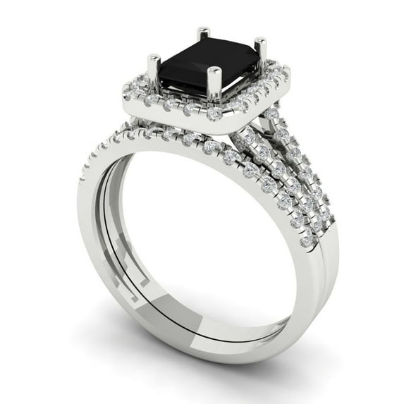 Clara Pucci 18K White Gold Emerald Cut 1Ct Natural Onyx Engagement Ring + Matching Band - Luxury Box Included