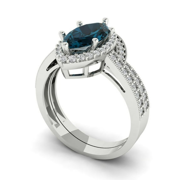 Clara Pucci 18K White Gold Marquise Cut 2Ct Natural London Blue Topaz Engagement Ring + Matching Band - Luxury Box Included
