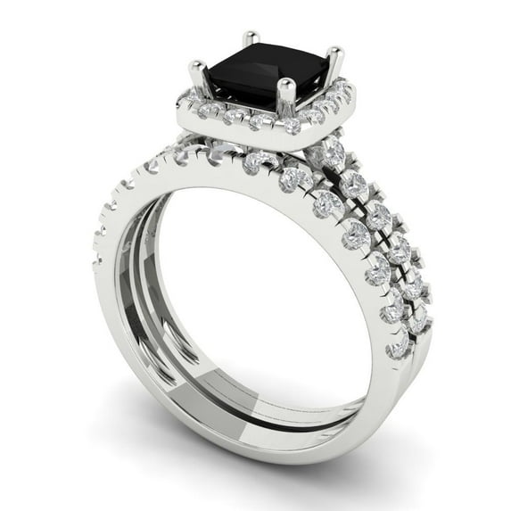 Clara Pucci 18K White Gold Princess Cut 0.75Ct Natural Onyx Engagement Ring + Matching Band - Luxury Box Included