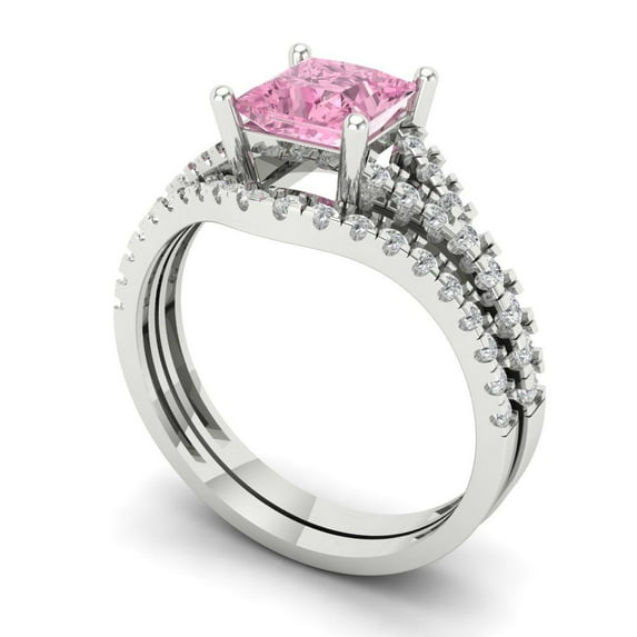 Clara Pucci 18K White Gold Princess Cut 1Ct Simulated Pink Diamond Engagement Ring + Matching Band - Luxury Box Included