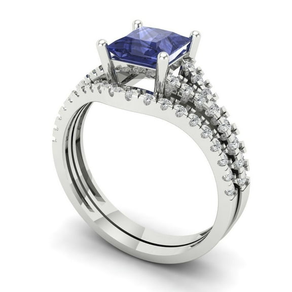Clara Pucci 18K White Gold Princess Cut 1Ct Simulated Tanzanite Engagement Ring + Matching Band - Luxury Box Included