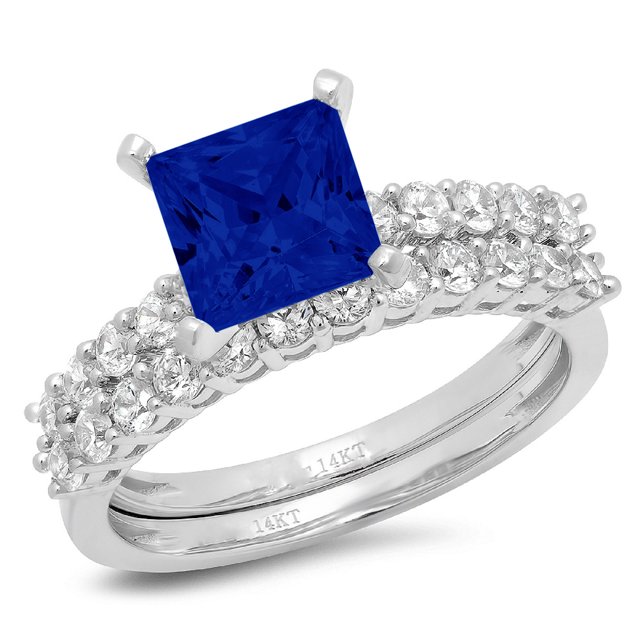 AFFY 10k Solid Gold Three Stone Ring With Princess Cut Simulated Sapphire & CZ