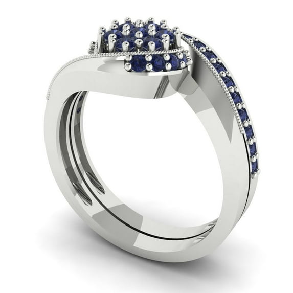 Clara Pucci 18K White Gold Round Cut 0.025Ct Simulated Blue Sapphire Engagement Ring + Matching Band - Luxury Box Included