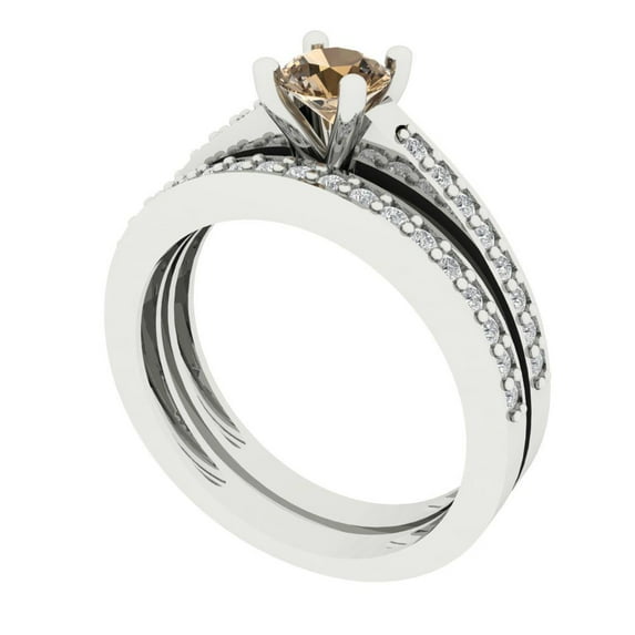 Clara Pucci 18K White Gold Round Cut 0.5Ct Simulated Champagne Engagement Ring + Matching Band - Luxury Box Included