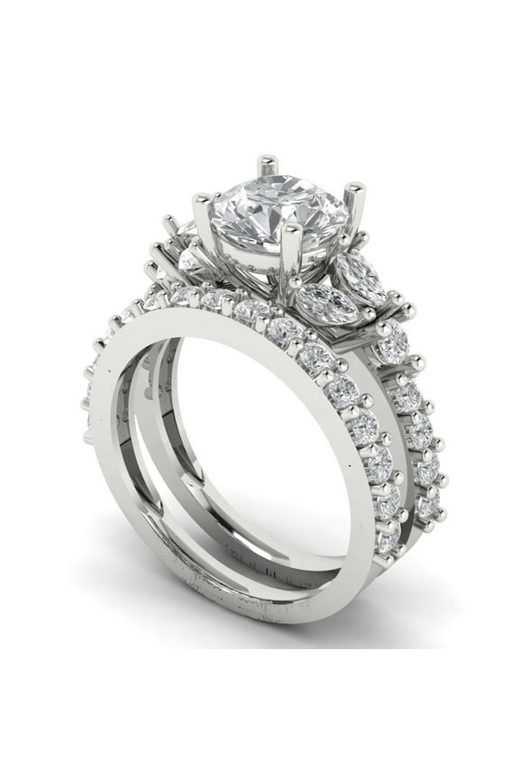 18K White Gold Round Cut 1.5Ct Simulated Clear Diamond Engagement Ring + Matching Band - Luxury Box Included