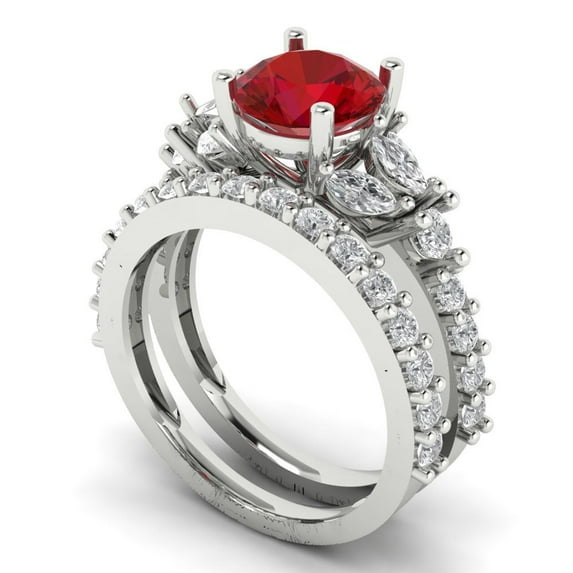 Clara Pucci 18K White Gold Round Cut 1.5Ct Simulated Ruby Engagement Ring + Matching Band - Luxury Box Included