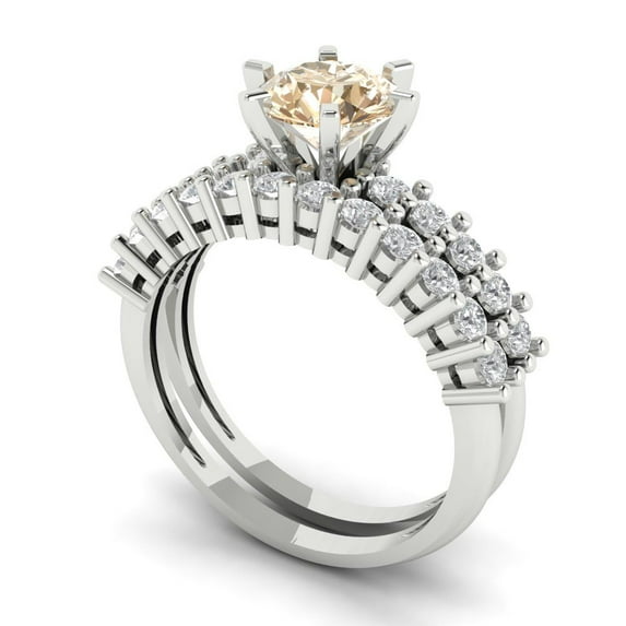 Clara Pucci 18K White Gold Round Cut 1Ct Natural Morganite Engagement Ring + Matching Band - Luxury Box Included