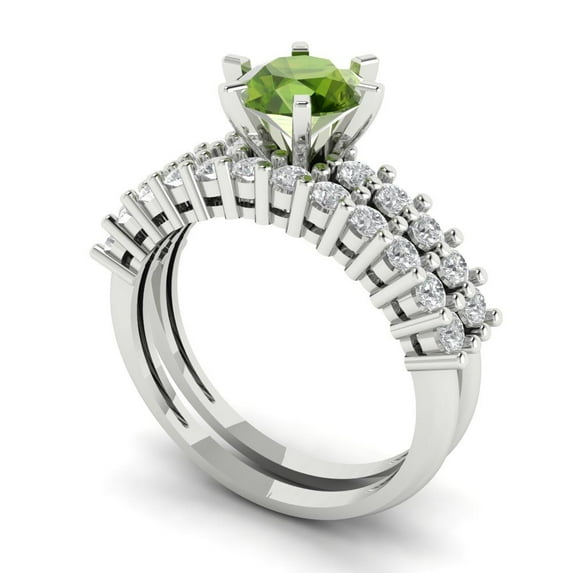 Clara Pucci 18K White Gold Round Cut 1Ct Natural Peridot Engagement Ring + Matching Band - Luxury Box Included