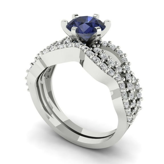 Clara Pucci 18K White Gold Round Cut 1Ct Simulated Blue Sapphire Engagement Ring + Matching Band - Luxury Box Included
