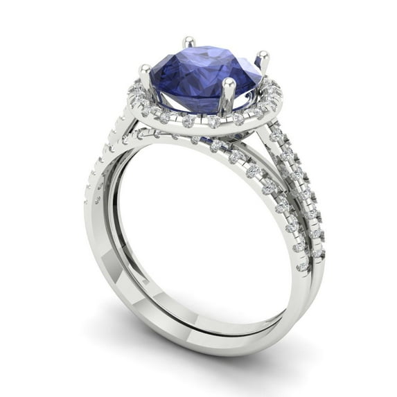 Clara Pucci 18K White Gold Round Cut 2Ct Simulated Tanzanite Engagement Ring + Matching Band - Luxury Box Included