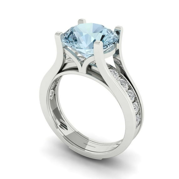 Clara Pucci 18K White Gold Round Cut 3Ct Natural Aquamarine Engagement Ring + Matching Band - Luxury Box Included