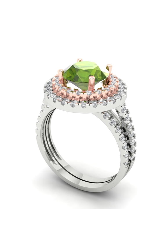 18K White/Rose Gold 2.73 Natural Peridot Engraveable Engagement Ring + Wedding Band Set