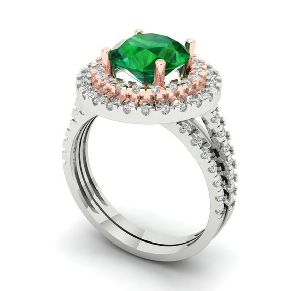 Clara Pucci 18K White/Rose Gold 2.73 Simulated Emerald Engraveable Engagement Ring + Wedding Band Set
