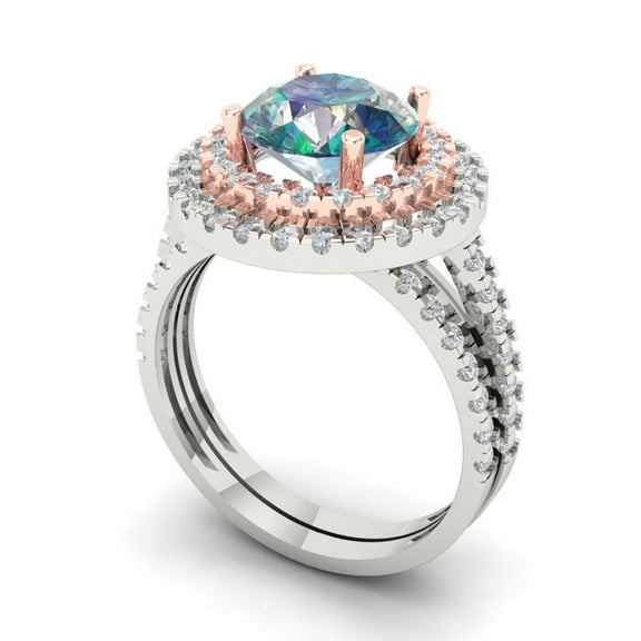 Clara Pucci 18K White/Rose Gold 2.73 Synthetic Blue Moissanite Engraveable Engagement Ring + Wedding Band Set