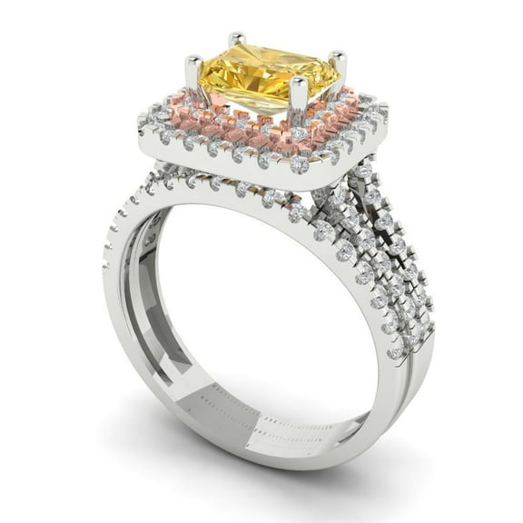 Clara Pucci 18K White/Rose Gold 3.05 Natural Citrine Engraveable Engagement Ring + Wedding Band Set