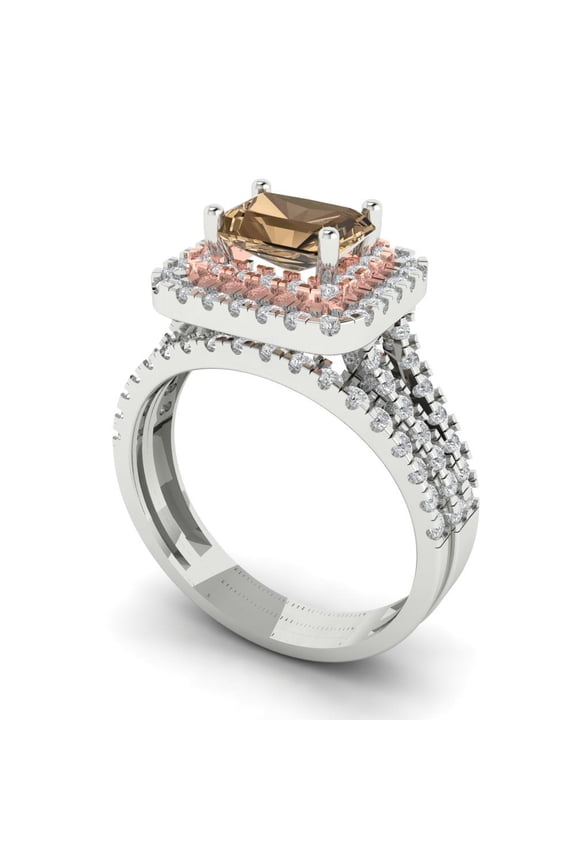 18K White/Rose Gold 3.05 Simulated Champagne Engraveable Engagement Ring + Wedding Band Set