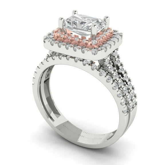 Clara Pucci 18K White/Rose Gold 3.05 Simulated Clear Diamond Engraveable Engagement Ring + Wedding Band Set