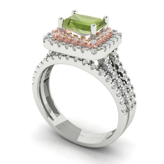 Clara Pucci 18K White/Rose Gold Emerald Cut 1Ct Natural Peridot Engagement Ring + Matching Band - Luxury Box Included