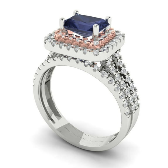 Clara Pucci 18K White/Rose Gold Emerald Cut 1Ct Simulated Blue Sapphire Engagement Ring + Matching Band - Luxury Box Included