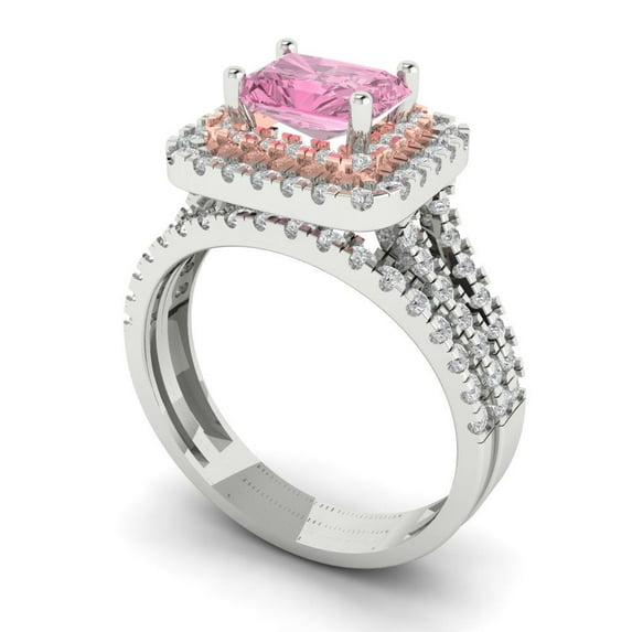 Clara Pucci 18K White/Rose Gold Emerald Cut 1Ct Simulated Pink Diamond Engagement Ring + Matching Band - Luxury Box Included