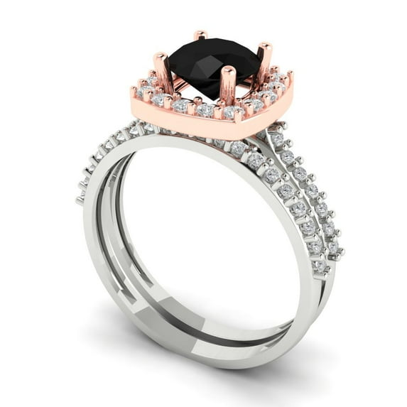 Clara Pucci 18K White/Rose Gold Round Cut 1Ct Natural Onyx Engagement Ring + Matching Band - Luxury Box Included