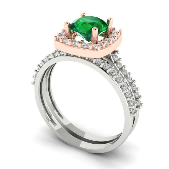 Clara Pucci 18K White/Rose Gold Round Cut 1Ct Simulated Emerald Engagement Ring + Matching Band - Luxury Box Included