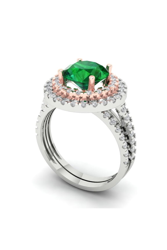18K White/Rose Gold Round Cut 2Ct Simulated Emerald Engagement Ring + Matching Band - Luxury Box Included