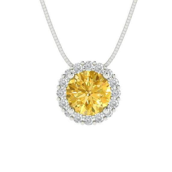 Clara Pucci 18K White Solid Hypoallergenic Gold 1.16Ct Natural Citrine Round Brilliant Cut Halo Designer Necklace Pendant For November