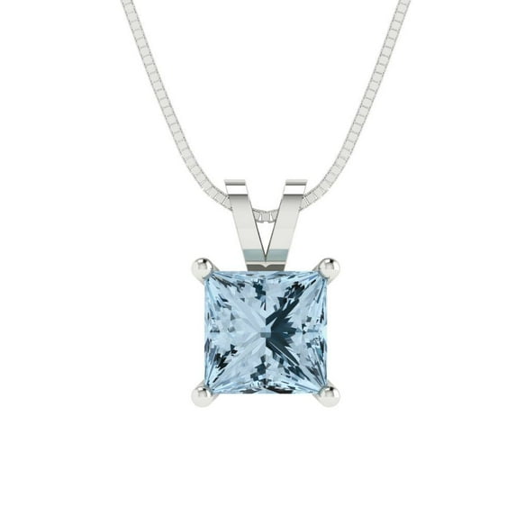 Clara Pucci 18K White Solid Hypoallergenic Gold 1Ct Blue Zircon Princess Cut Solitaire Designer Necklace Pendant For April