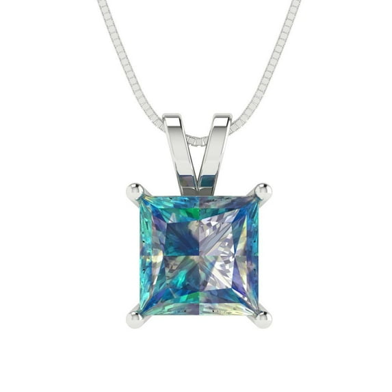 2.5 cctw Blue Moissanite White Gold Plated Pendant with 16" Box Chain (7.5mm, Princess Cut)
