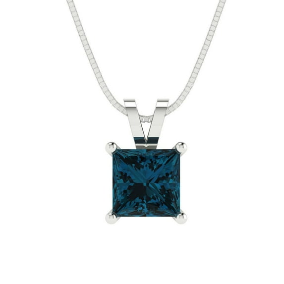 Clara Pucci 18K White Solid Hypoallergenic Gold 3Ct Natural London Blue Topaz Princess Cut Solitaire Designer Necklace Pendant For December