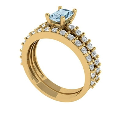 Clara Pucci 18K Yellow Gold 1.325 Natural Aquamarine Engraveable Engagement Ring + Wedding Band Set