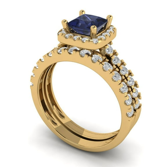 Clara Pucci 18K Yellow Gold 1.56 Simulated Blue Sapphire Engraveable Engagement Ring + Wedding Band Set