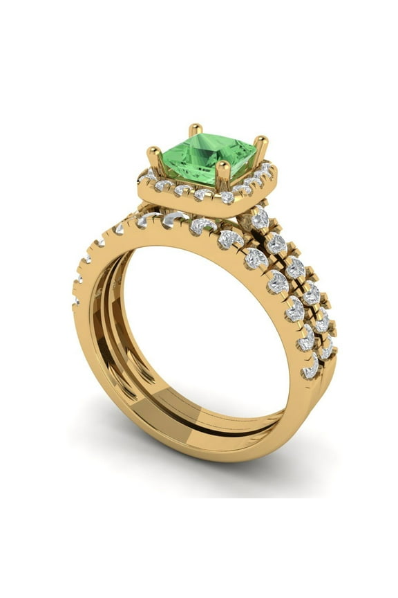 18K Yellow Gold 1.56 Simulated Green Diamond Engraveable Engagement Ring + Wedding Band Set