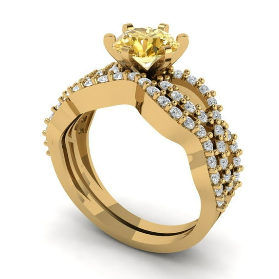 Clara Pucci 18K Yellow Gold 1.57 Natural Citrine Engraveable Engagement Ring + Wedding Band Set