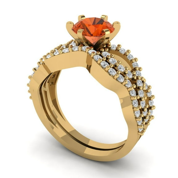Clara Pucci 18K Yellow Gold 1.57 Simulated Red Diamond Engraveable Engagement Ring + Wedding Band Set