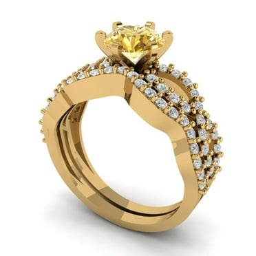 Clara Pucci 18K Yellow Gold 1.57 Simulated Yellow Diamond Engraveable Engagement Ring + Wedding Band Set