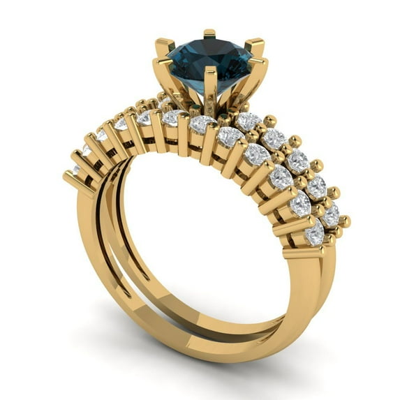 Clara Pucci 18K Yellow Gold 1.66 Natural London Blue Topaz Engraveable Engagement Ring + Wedding Band Set
