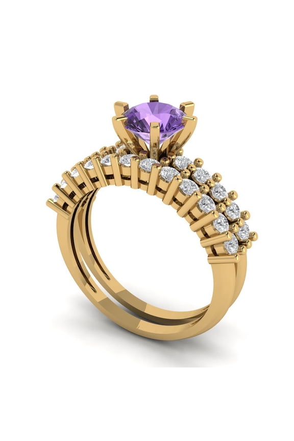 18K Yellow Gold 1.66 Simulated Alexandrite Engraveable Engagement Ring + Wedding Band Set