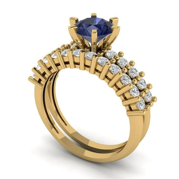 Clara Pucci 18K Yellow Gold 1.66 Simulated Blue Sapphire Engraveable Engagement Ring + Wedding Band Set