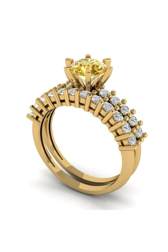 18K Yellow Gold 1.66 Synthetic Yellow Moissanite Engraveable Engagement Ring + Wedding Band Set