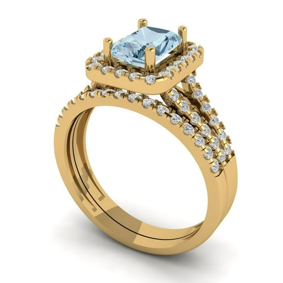 Clara Pucci 18K Yellow Gold 1.72 Natural Sky Blue Topaz Engraveable Engagement Ring + Wedding Band Set