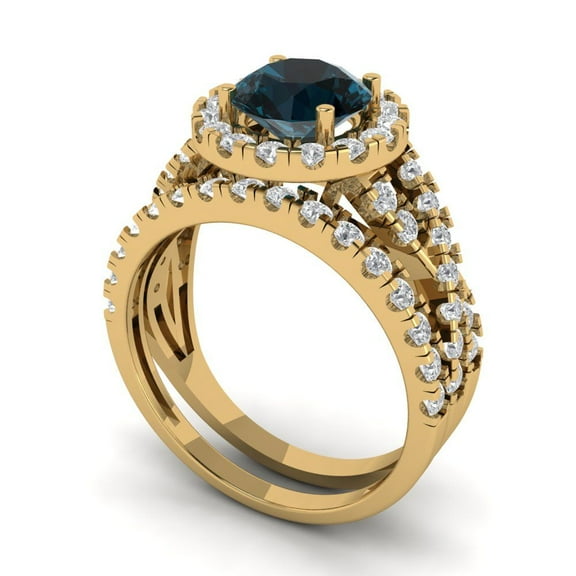 Clara Pucci 18K Yellow Gold 1.795 Natural London Blue Topaz Engraveable Engagement Ring + Wedding Band Set