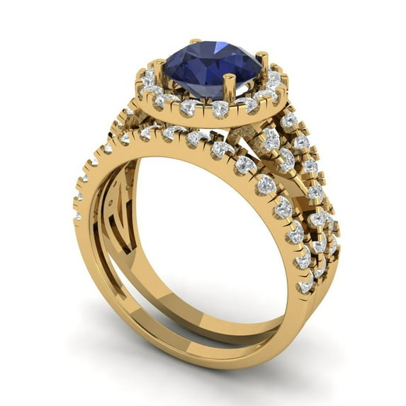 Clara Pucci 18K Yellow Gold 1.795 Simulated Blue Sapphire Engraveable Engagement Ring + Wedding Band Set