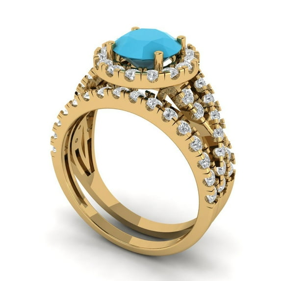 Clara Pucci 18K Yellow Gold 1.795 Simulated Turquoise Engraveable Engagement Ring + Wedding Band Set