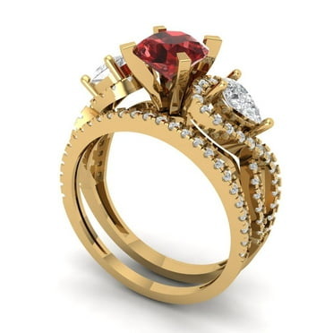 Clara Pucci 18K Yellow Gold 1.925 Natural Garnet Engraveable Engagement Ring + Wedding Band Set