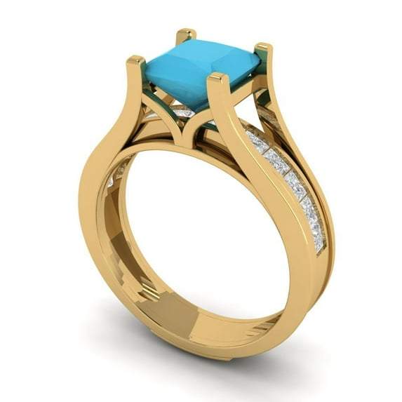 Clara Pucci 18K Yellow Gold 2.28 Simulated Turquoise Engraveable Engagement Ring + Wedding Band Set