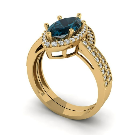 Clara Pucci 18K Yellow Gold 2.4875 Natural London Blue Topaz Engraveable Engagement Ring + Wedding Band Set