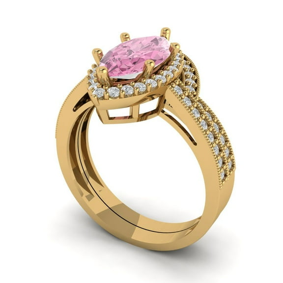 Clara Pucci 18K Yellow Gold 2.4875 Simulated Pink Diamond Engraveable Engagement Ring + Wedding Band Set