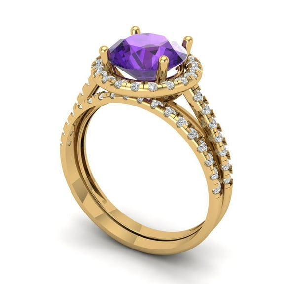 Clara Pucci 18K Yellow Gold 2.52 Natural Amethyst Engraveable Engagement Ring + Wedding Band Set
